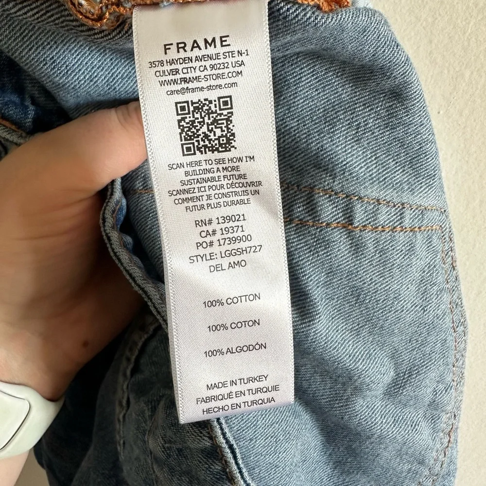 FRAME Denim Designer Blue Le Grand Garcon Cutoff Rolled Hem Jean Shorts size 34 - Picture 12 of 12